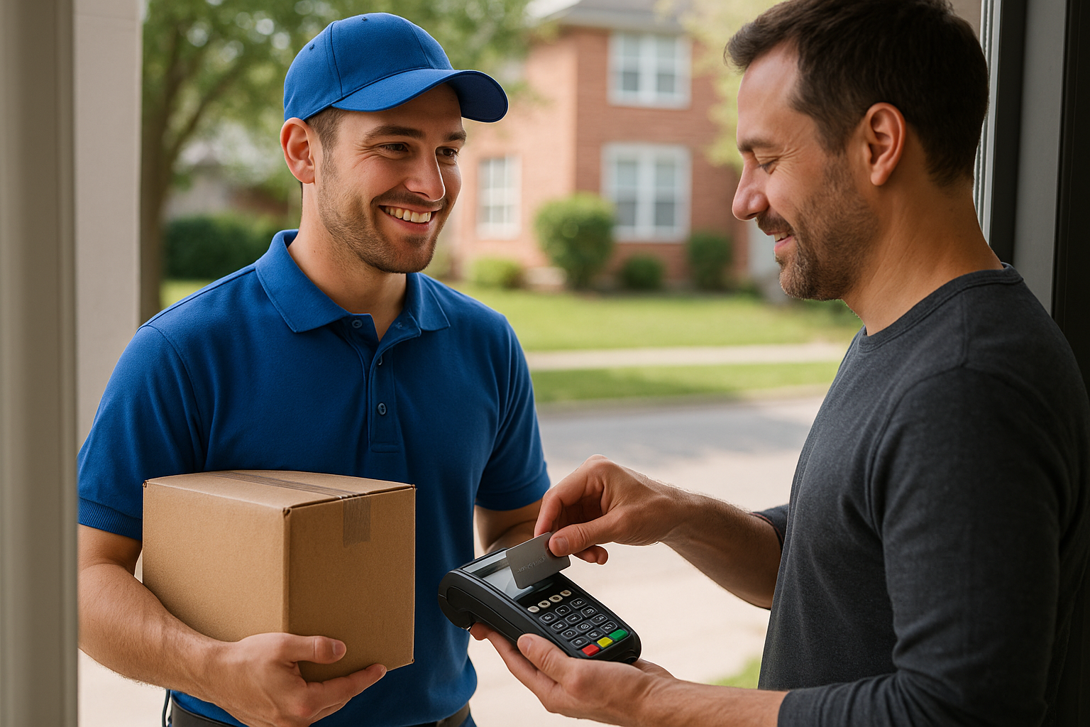 Cliente recibiendo caja de producto mientras paga al transportista